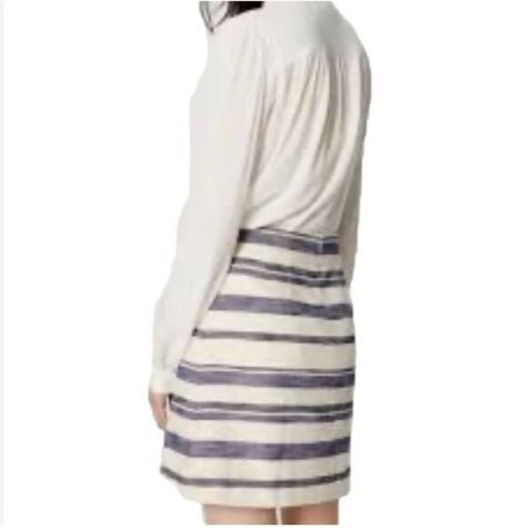 LOFT Skirt Womens 12 Ivory Blue Black Striped Faux Wrap Fringe Preppy Boho - Picture 5 of 8